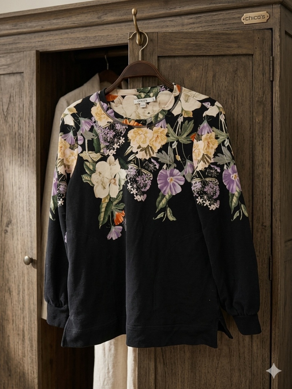 Chico's Black Crewneck Sweater with Cream, Yellow, Purple & Green Floral Print